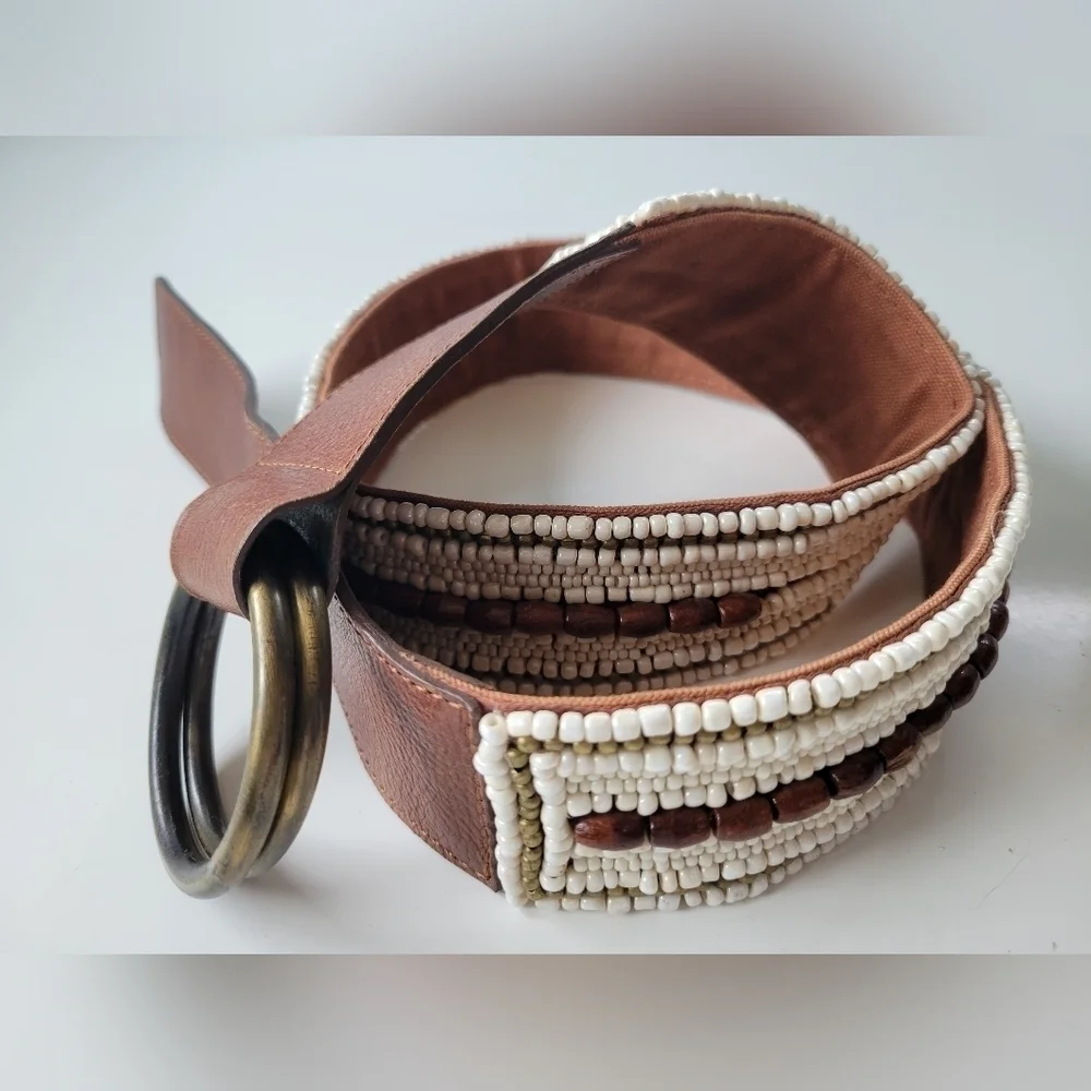 Tommy Bahama Beaded Boho Leather Belt M Brown